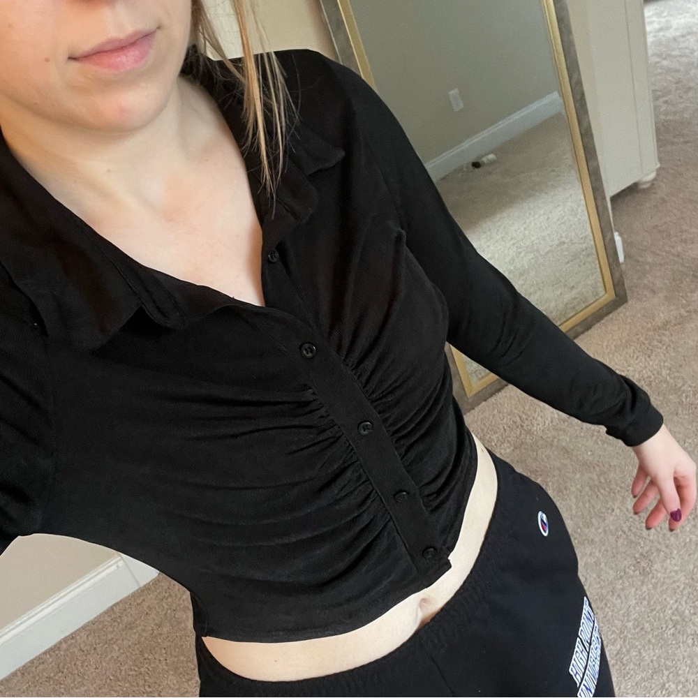 Black Ruched Button-Up Women's Top